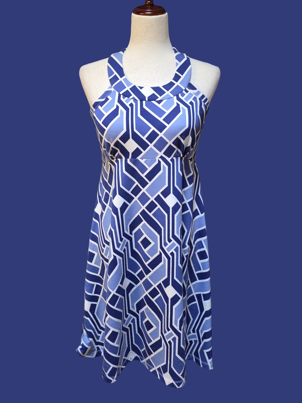 Krimson Klover Blue & White Geometric Sleeveless Dress